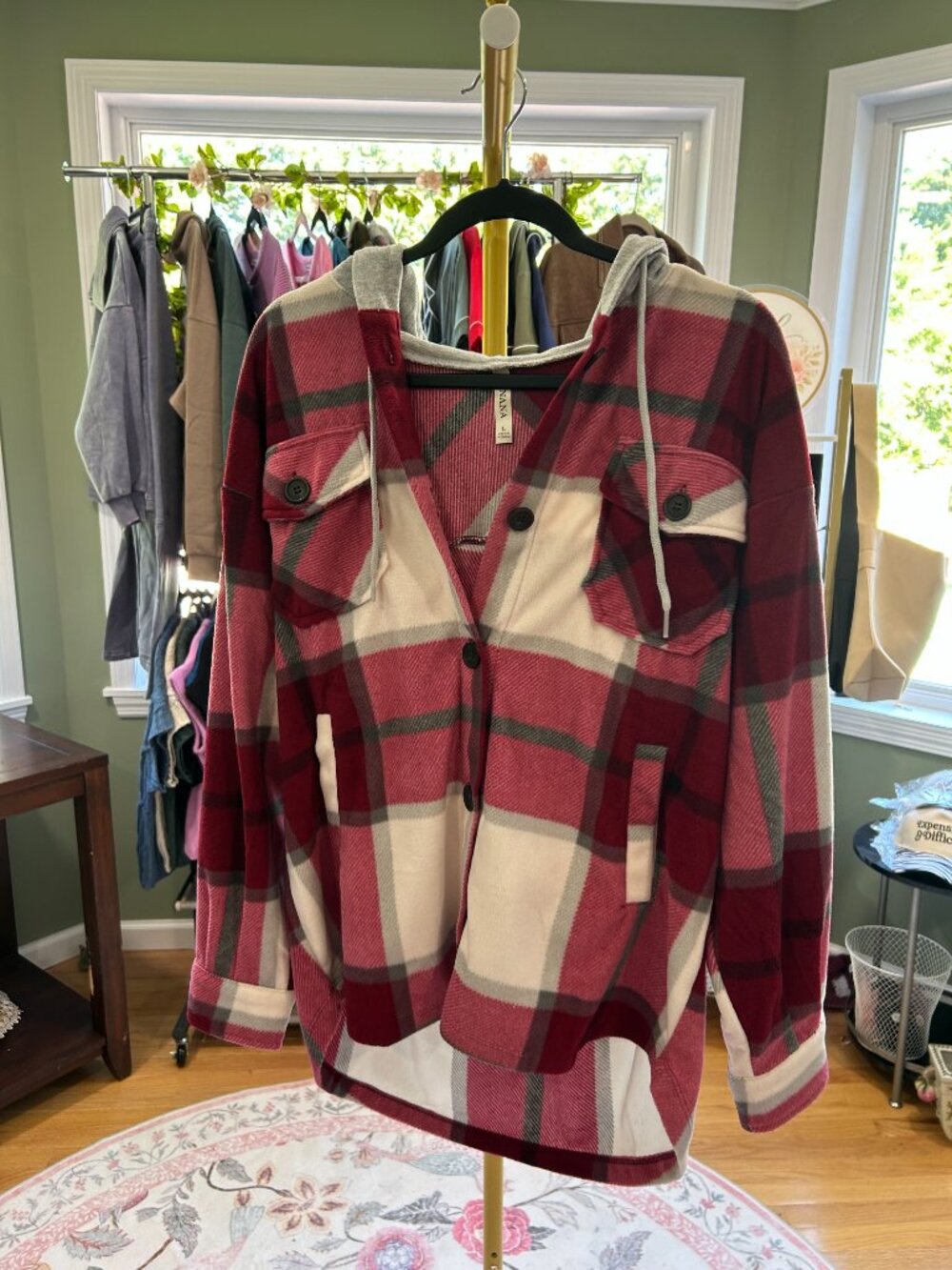 Zenana CABNERNET Plaid Drawstring Hooded Fleece Shacket NWT